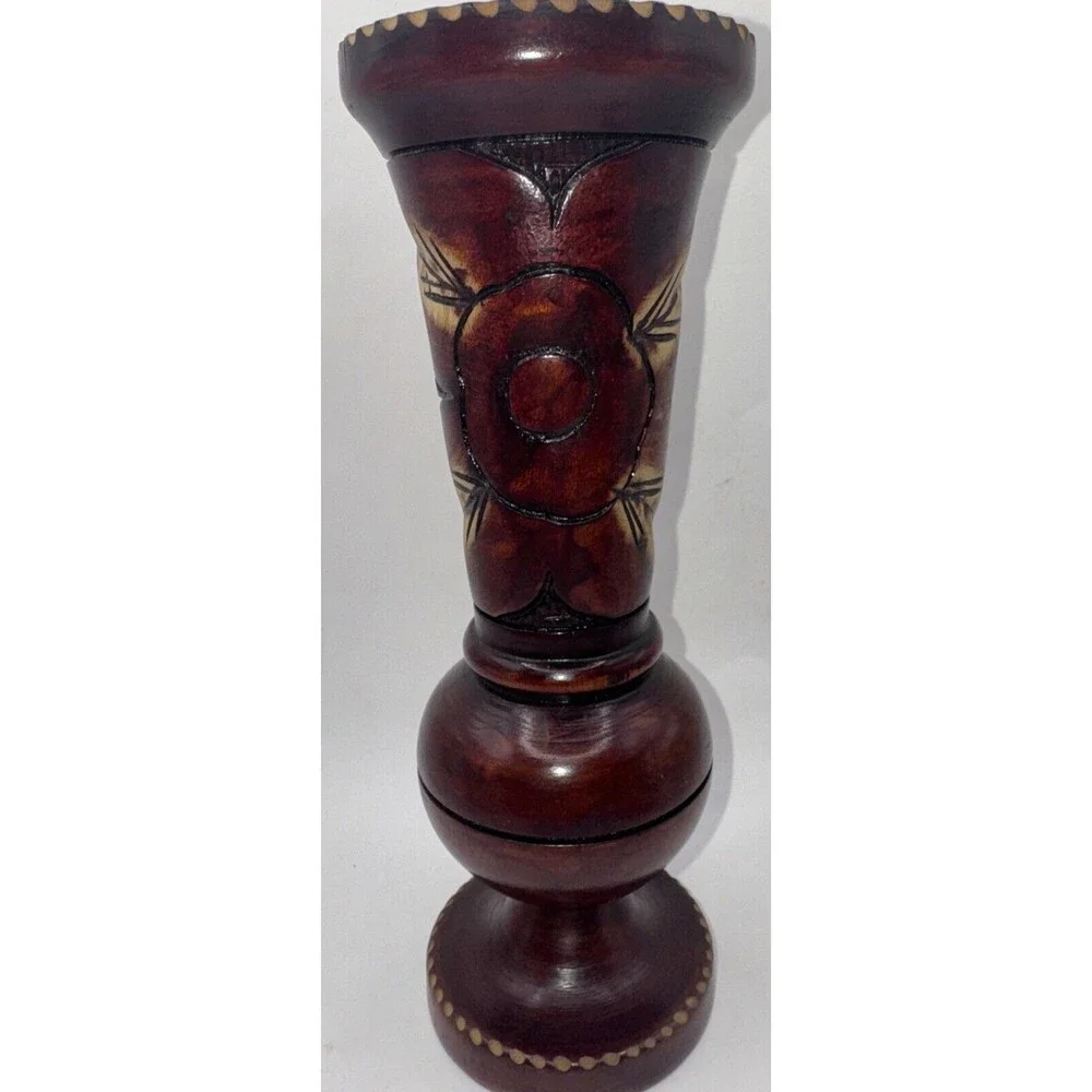 Vintage Hand Carved Wooden Etched Floral Vase Bohemian 10 Inches